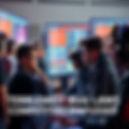 A group of gamers looking confused while discussing tournament results, with screens showing game stats in the background.