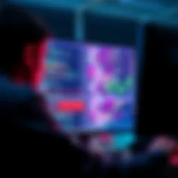 A visual of a programmer analyzing code lines on a computer screen, with graphs showing efficiency metrics in the background.