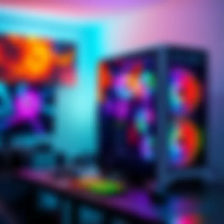 A fully built gaming PC with colorful lights and accessories on a desk, showcasing its power and design.