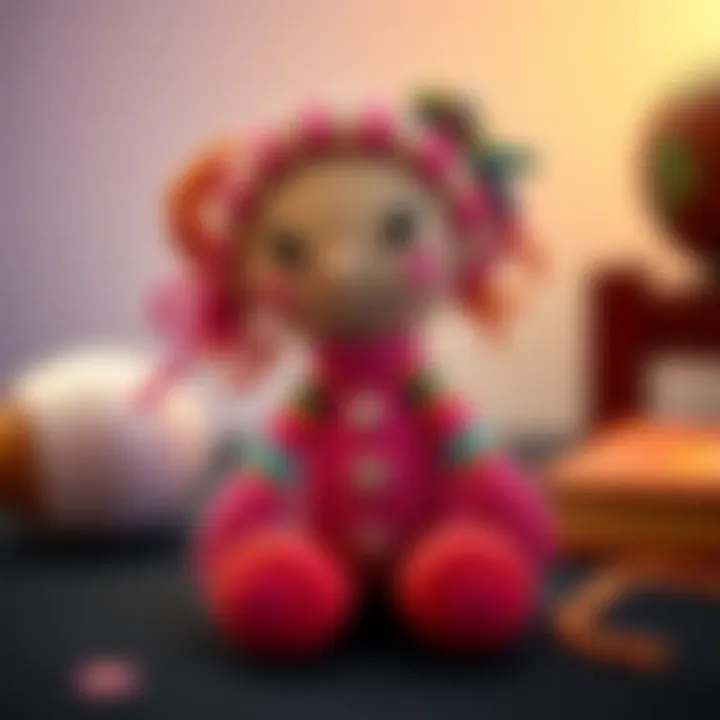 A finished crocheted character named Fretia, with colorful yarn details, showcasing intricate stitching and design, representing creativity after a health challenge.