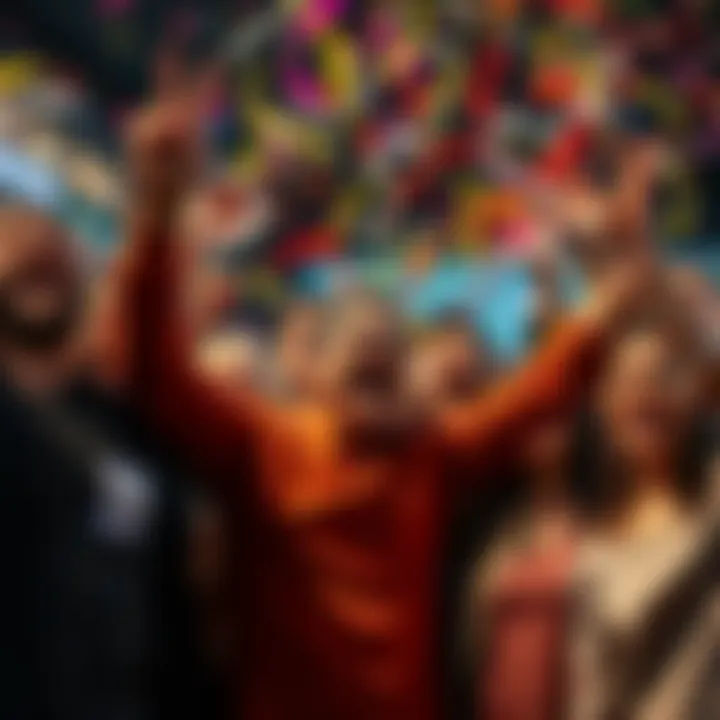 Completion Celebration A group of people celebrating after finishing a long task, showing expressions of relief and joy, with confetti in the air.