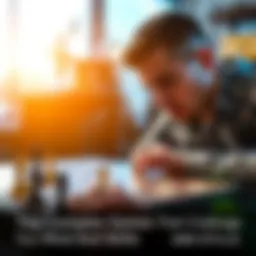 A focused individual analyzing game pieces on a board, illustrating strategic thinking and engagement with a challenging game