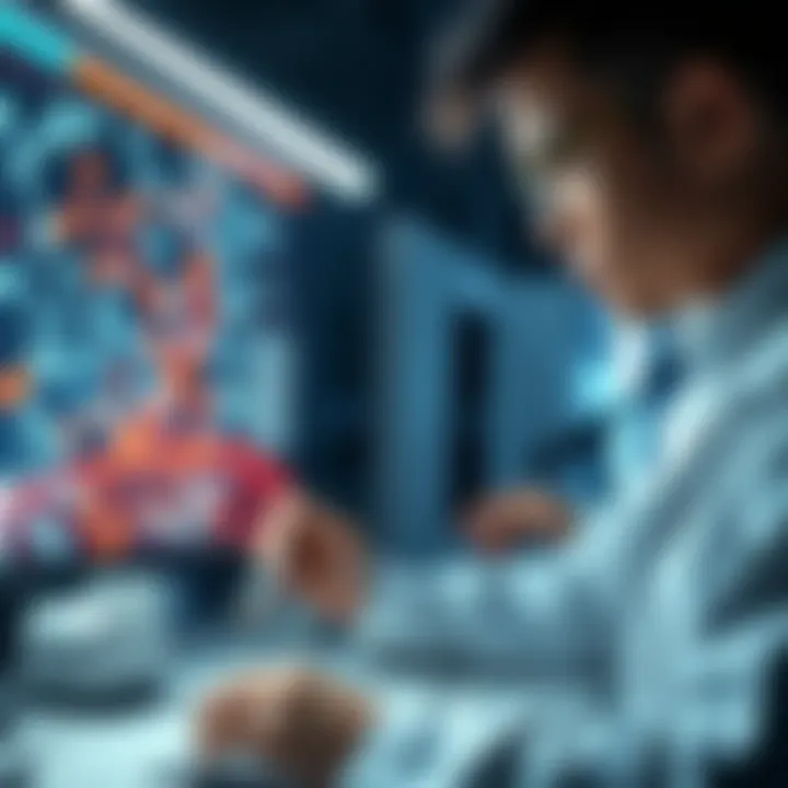 Complexity and Precision in Chemistry A person analyzing a complex chemical structure on a computer, showing the intricate relationship between complexity and precision in research.