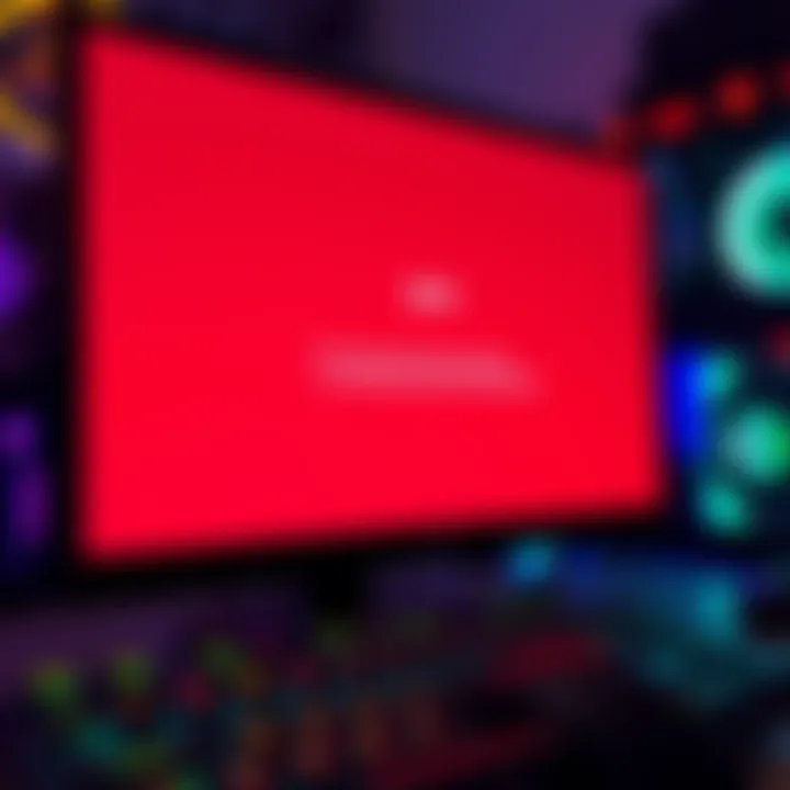 A close-up of a computer monitor displaying a BIOS error message indicating no storage devices were detected, with a visible gaming keyboard and mouse in the foreground.