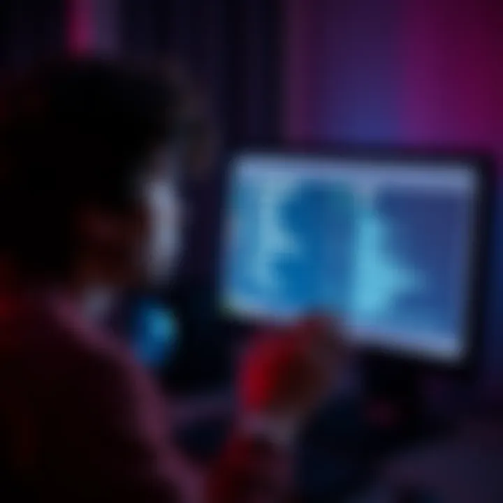 A person contemplating whether to leave a desktop computer running or to turn it off, with a computer monitor displaying options.