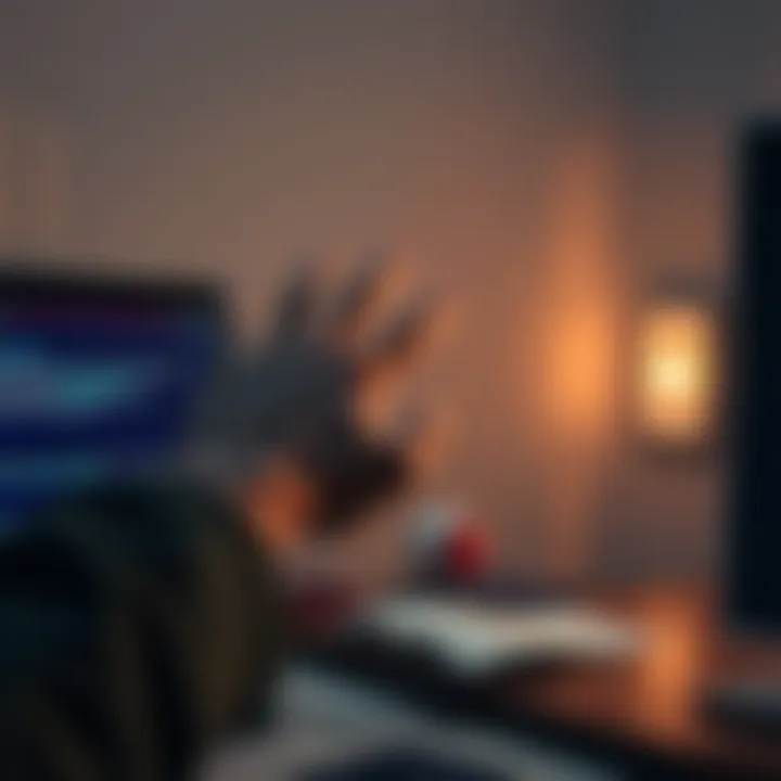 A person's hand hovering near a computer as it powers on unexpectedly, while a light switch is in the background.
