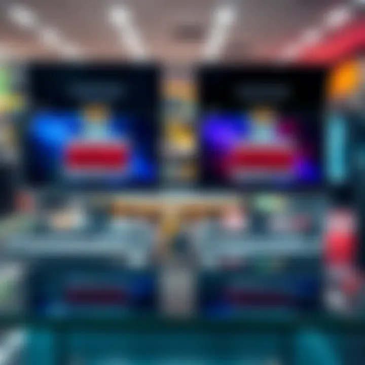 Two similar computers on display, each with different price tags at a retail store