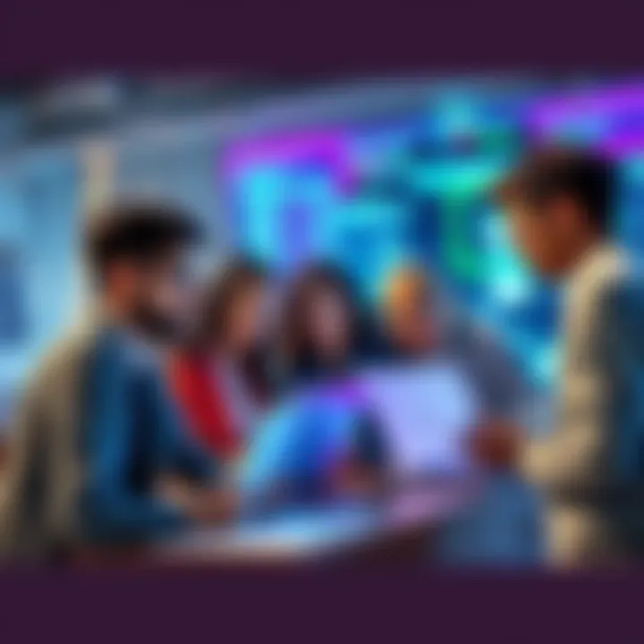 A group of people asking simple questions about computing, with laptops and notebooks in a collaborative environment.