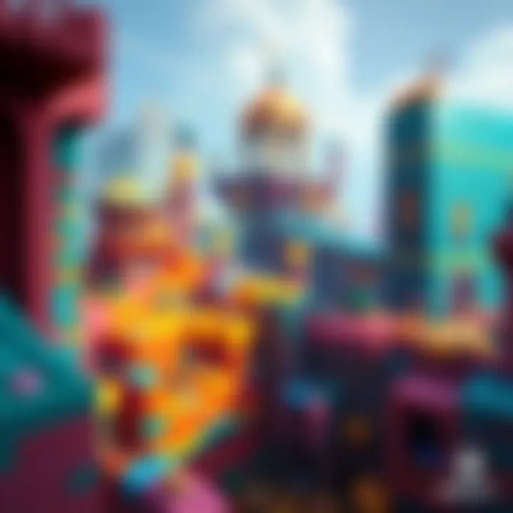 Concept art showing a vibrant voxel world with colorful blocks and imaginative structures, inspired by user-generated designs.