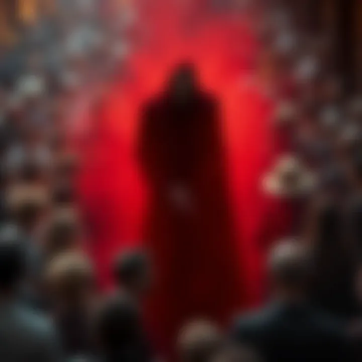 A shadowy figure representing evil amidst a blurred crowd of diverse people, symbolizing the presence of malevolence in everyday life.