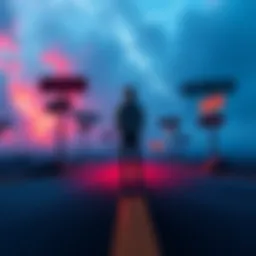 A person standing at a crossroads, looking at signs pointing to different interpretations of reality, symbolizing choices and perspectives.