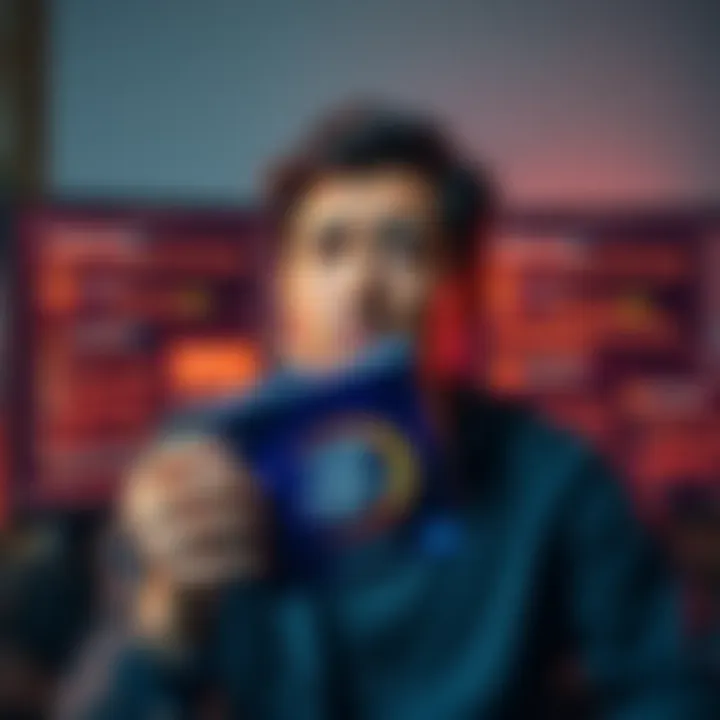 A person looking worried while holding a 14th gen i9 processor box, surrounded by negative reviews on a computer screen.