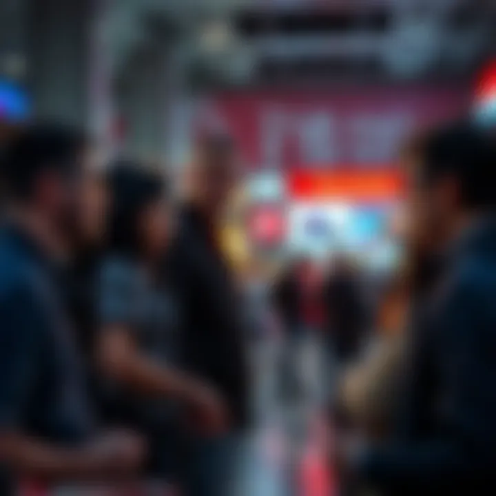 A group of people gathered in a public space, talking anxiously about recent troubling news.