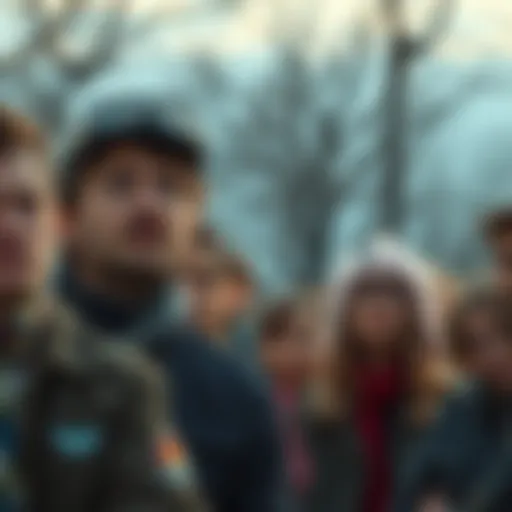 A group of concerned people gathering outdoors, showing worried expressions after hearing about a threatening message.