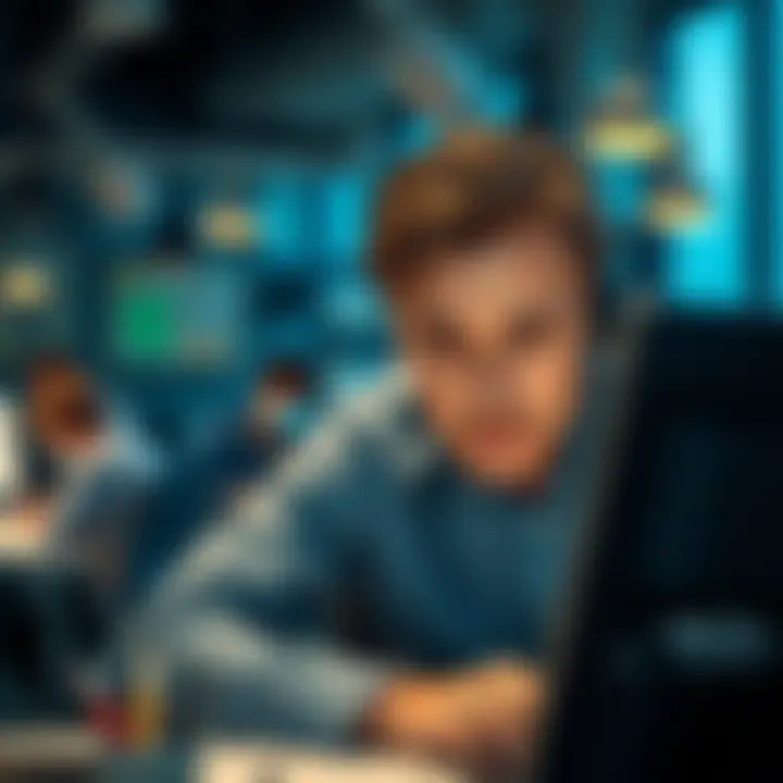 Concerned engineer at a desk An engineer looking worried at his desk while his colleagues work hard in the background