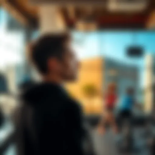 Concerned Gym-Goer Observing Company A gym-goer looking at a suspicious company building near their gym while others exercise in the background.