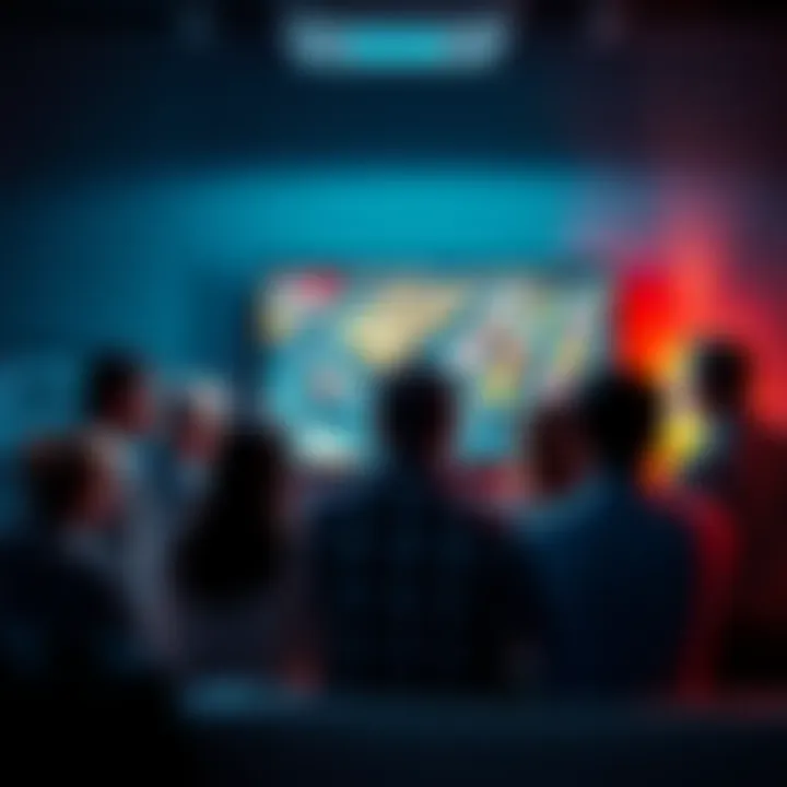 A group of worried people gathered around a TV, watching news reports about a troubling situation.