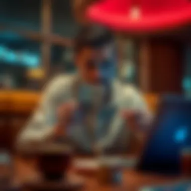 A person sits at a table, looking worried while holding cash and a reservation confirmation on the screen.