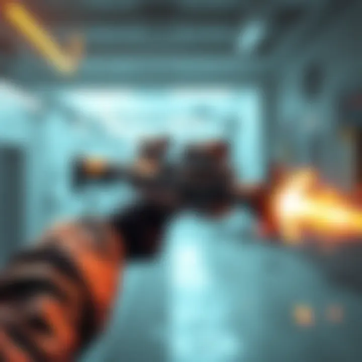 A player aiming a concussive auto-rocket launcher in a game environment, showing the weapon's design and effects in action.