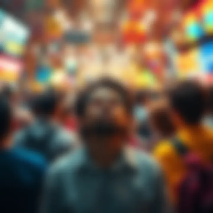 A vibrant image showing people overwhelmed by various stimuli in a busy environment, representing Condition Overload.