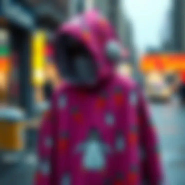 A shark hunter cloak featuring playful designs of rabbits, carrots, and penguins in vibrant pink colors.