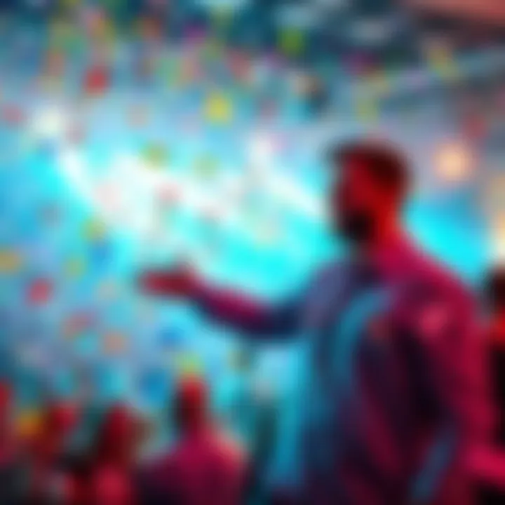 Confetti Incident at Popagenda Event Dan demonstrates his infamous confetti incident at a promotional event for Popagenda, with colorful confetti flying in the air and an excited crowd in the background.