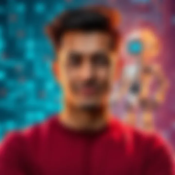 A confident individual standing against a backdrop of digital elements, symbolizing competition with AI like Peterbot.