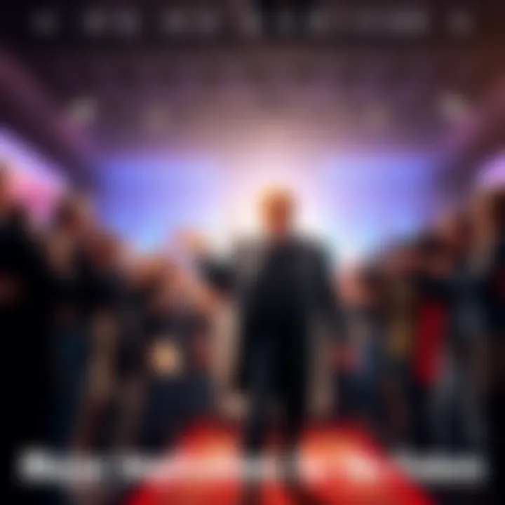 A significant figure arrives A confident leader steps onto a stage, capturing attention with a serious expression, surrounded by a diverse crowd of supporters and media.