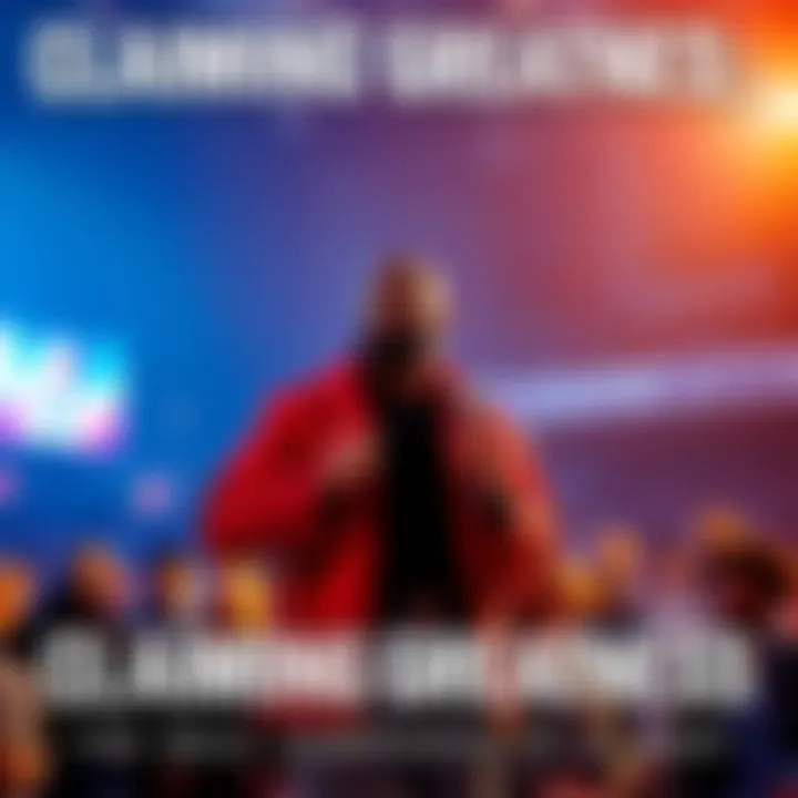 A person standing confidently with a microphone, expressing their belief in being the greatest of all time, surrounded by an engaged audience.