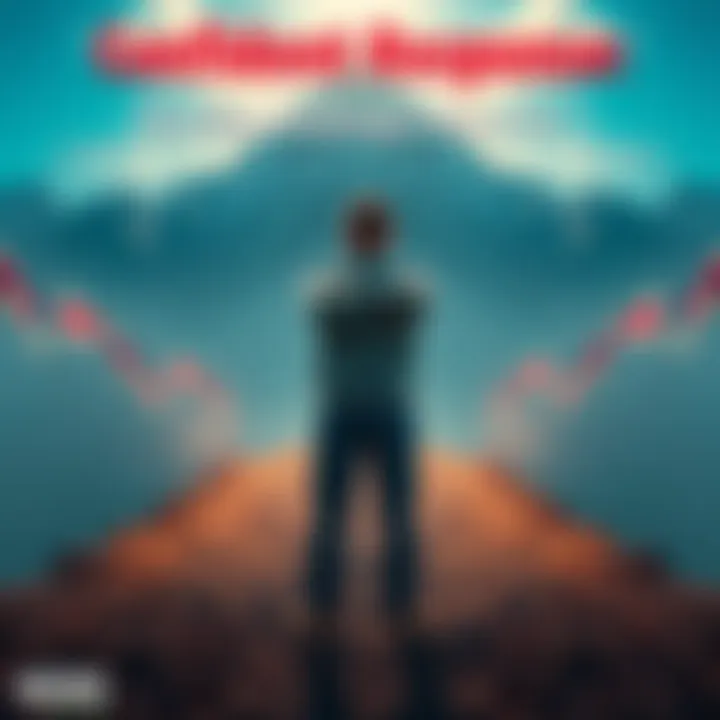 Confident person facing challenges A person standing confidently with arms crossed, looking forward at a mountain path representing challenges ahead.