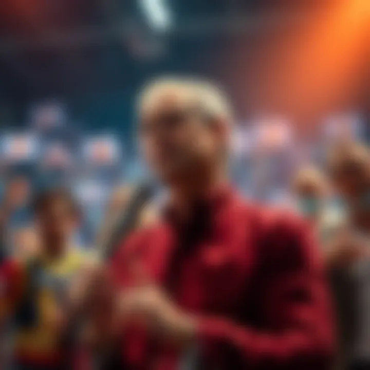 Confident Person Making a Statement A person confidently speaking to a group, showcasing bold expressions and gestures, with a lively background of social media reactions.