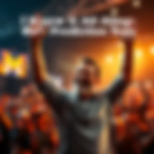 A person smiling and raising their arms in celebration after making a correct prediction, with a crowd cheering in the background