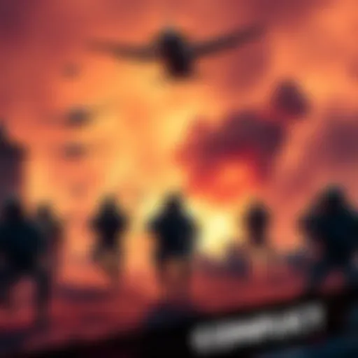 A dynamic battlefield scene showing ground troops and aerial vehicles in a tense standoff, representing gameplay escalation.