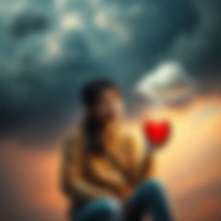 A person sitting with a thoughtful expression, holding a heart in one hand and a storm cloud in the other, symbolizing mixed feelings of being blessed and harassed.