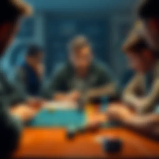 Conflicted Gamer at Table A frustrated gamer sits at a table with dice and a game manual, looking confused while discussing with friends about game rules and decisions made by the Dungeon Master.