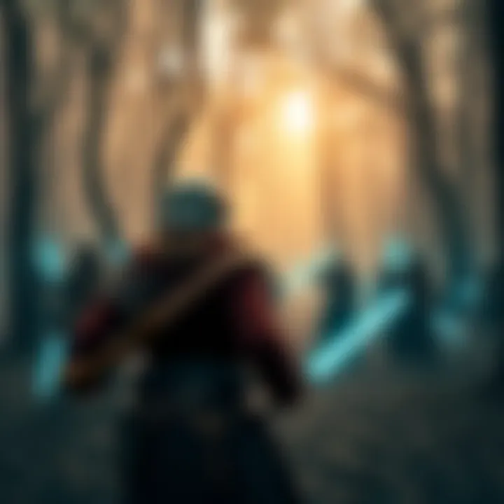 A group of people preparing to confront elf bajs in a forest setting, with a focus on defensive stances and strategies.