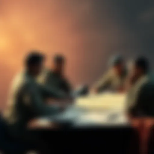A team strategizing in a tense discussion, with charts and maps on a table, preparing for an engagement with an adversary.