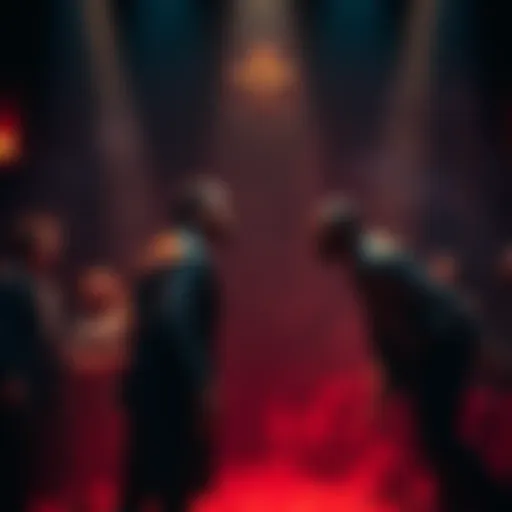 A tense scene where characters face off in a dimly lit theater, revealing hidden motives as chaos erupts around them.