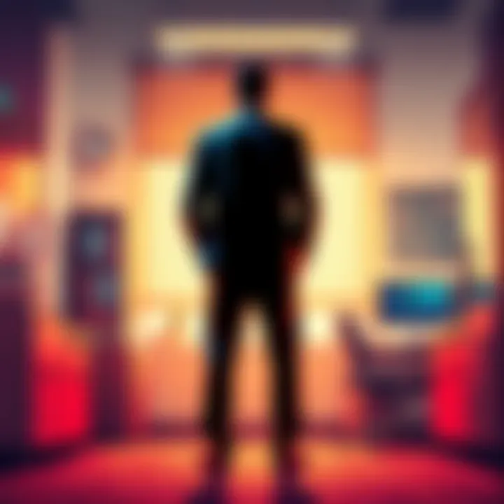 Confronting a Boss A person standing confidently in an office, facing a boss who looks sneaky and untrustworthy