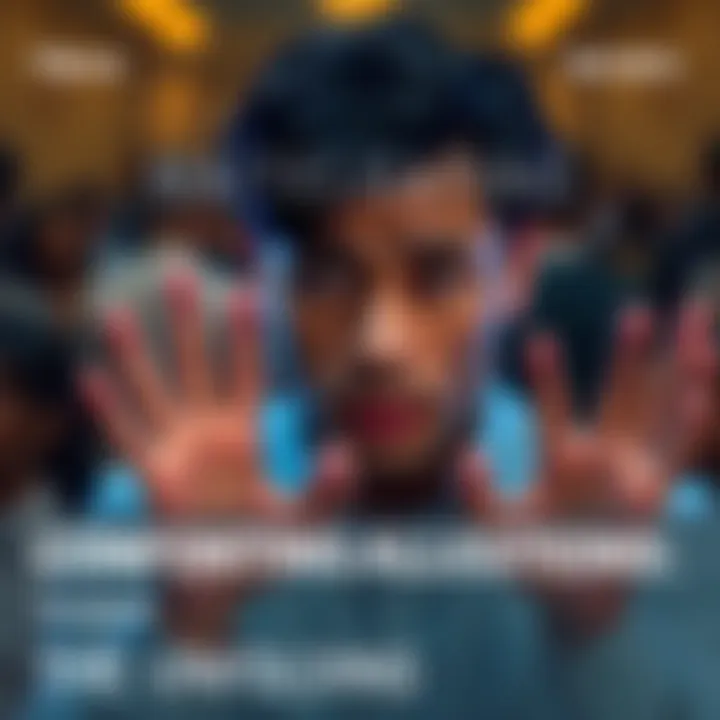 A concerned individual looking distressed as they confront allegations, with hands raised in a gesture of denial. Background features blurred figures symbolizing public scrutiny.