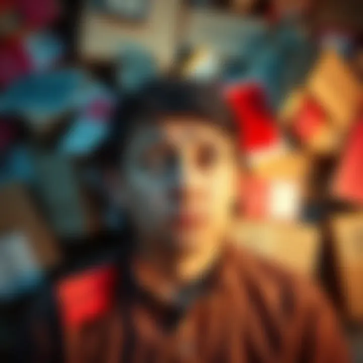 Confused categories A person looking frustrated while surrounded by random labels and boxes, symbolizing the confusion of unnecessary categorization.