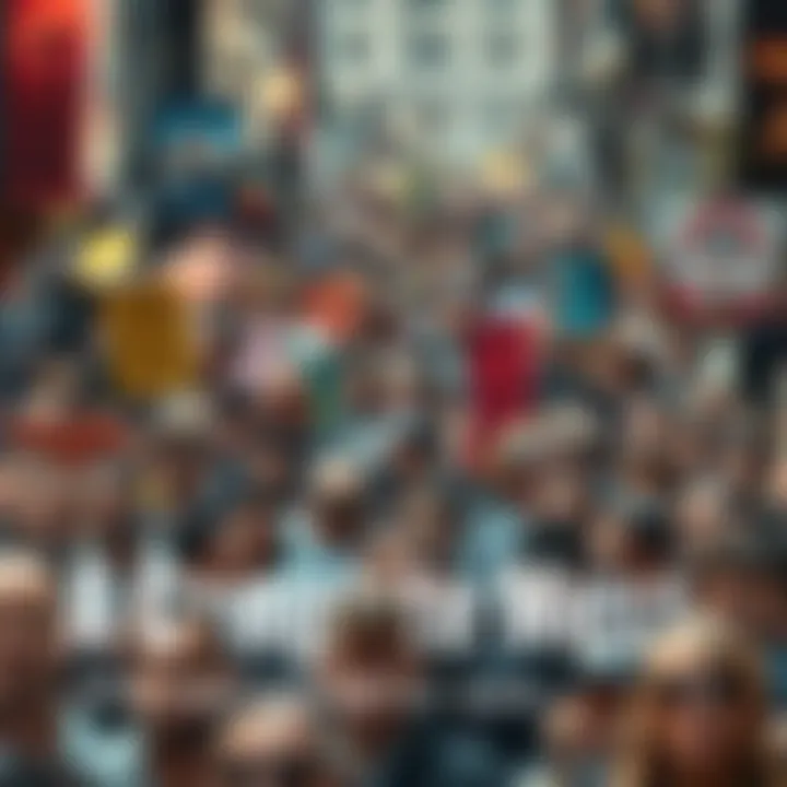 A large group of people looking bewildered at chaotic street events with signs and loud noises around them.