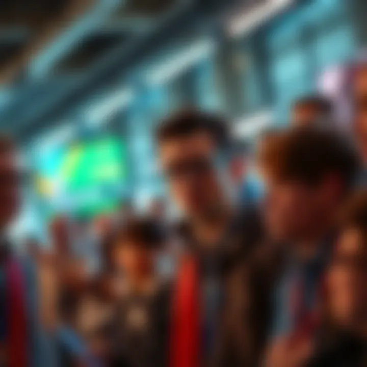 A group of people looking puzzled, discussing various topics in a crowded space.