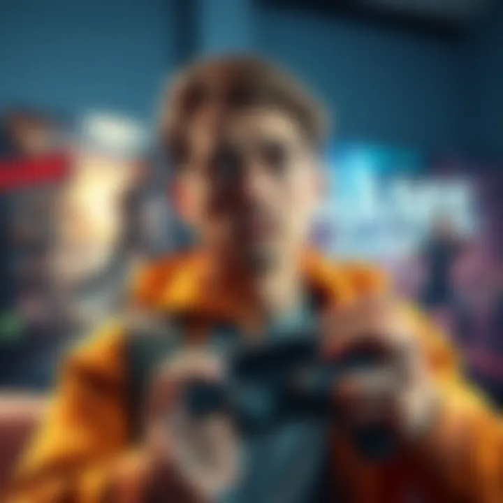 A gamer looking puzzled while holding a game controller, showing signs of disappointment with a game poster in the background.