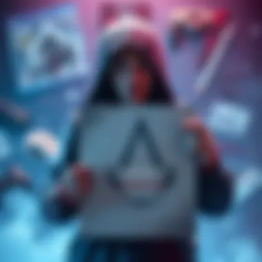 A gamer looking puzzled while holding a poster of Assassin's Creed, surrounded by game-related items