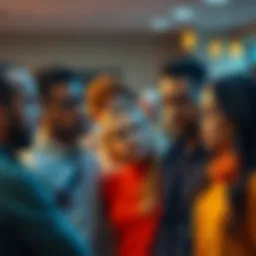 A diverse group of people looking puzzled and discussing among themselves, expressing confusion about a long-time participant in their community.