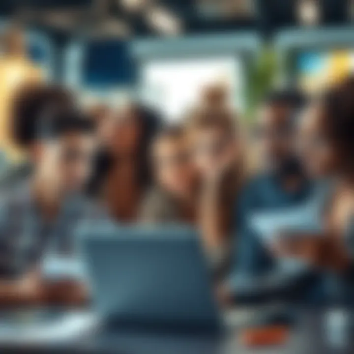 Confused People Discussing Online A group of diverse individuals looking at screens, sharing thoughts about confusing wording in online posts.