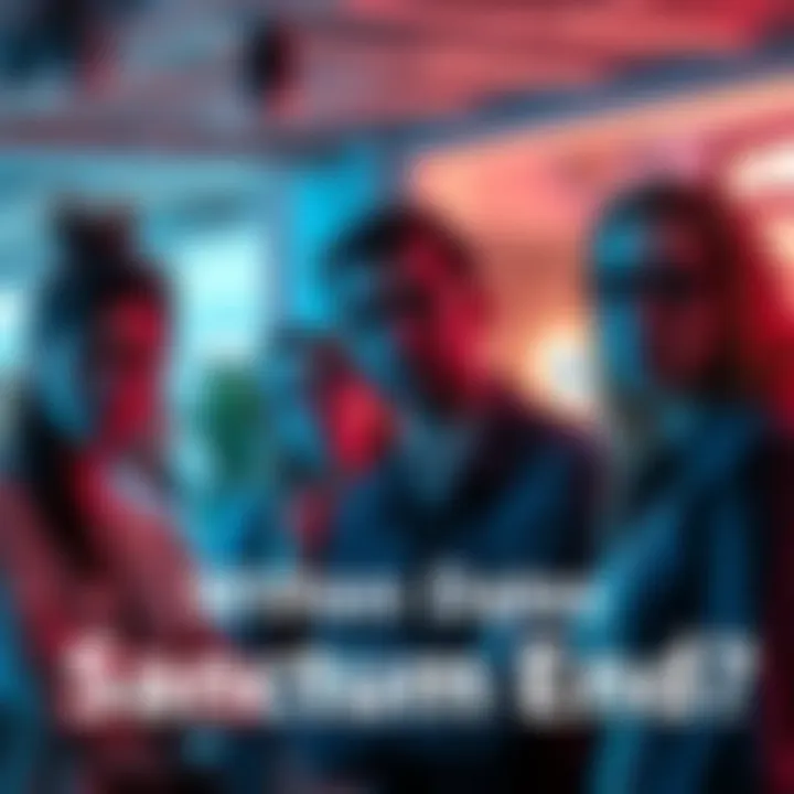 A group of people talking about the conflicting end date for Sanctum in a popular app, looking puzzled and engaged.