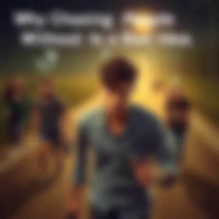 A person appears confused and hesitant while pursuing a group of friends who are moving away, highlighting the futility of chasing people without purpose.