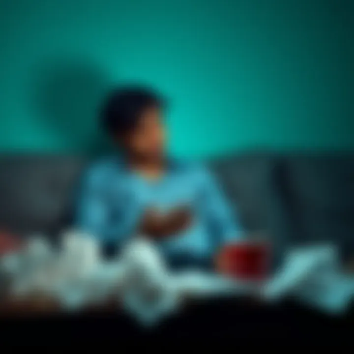 A person sitting on a couch, looking puzzled while staring at their phone, surrounded by crumpled papers and a coffee cup.